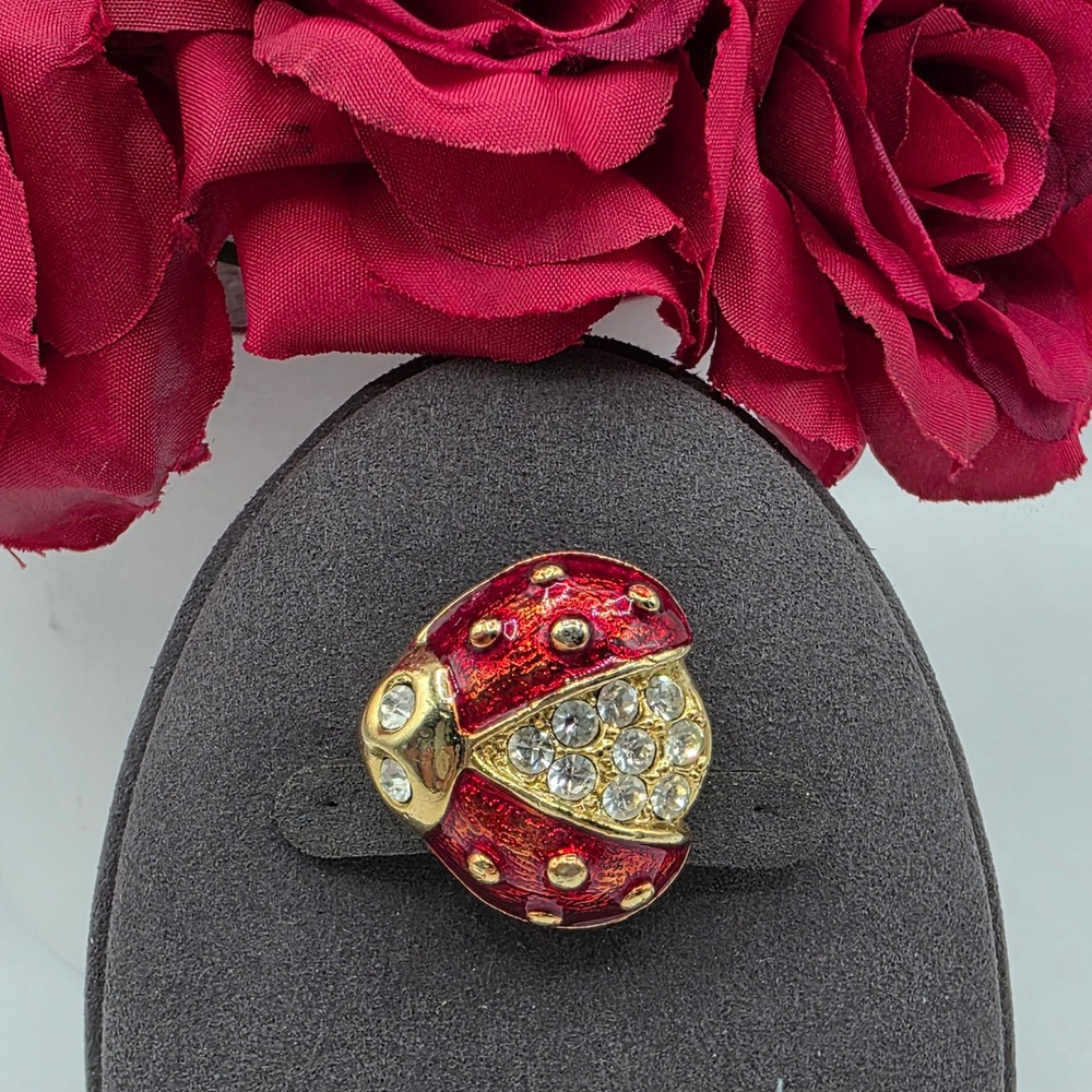 Red Enamel Ladybug Brooch Gold Tone Clear Rhinestone‎ Figural Insect Pin Glam